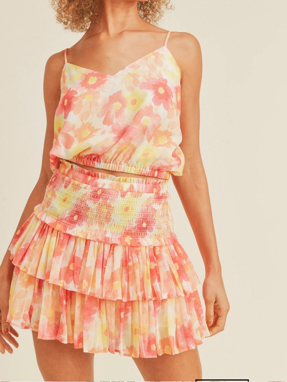 Smocked Waist Floral Pink & Yellow Set